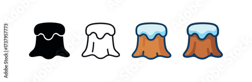 Vector icon snow covered tree stump four styles black solid glyph outline minimal flat multicolor filled cartoon flat shaded.