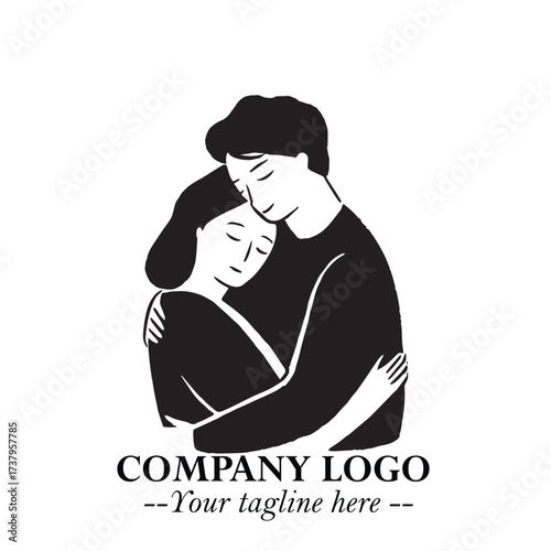 Black and White Couple Woman and Man Hug Together Silhouette Illustration in Minimalist Vector Style