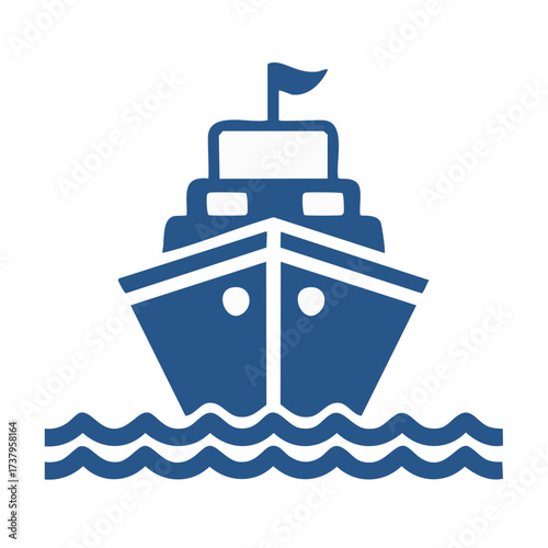 Sailing Vessel Icon on Ocean Waves Front View Blue Minimalist Design