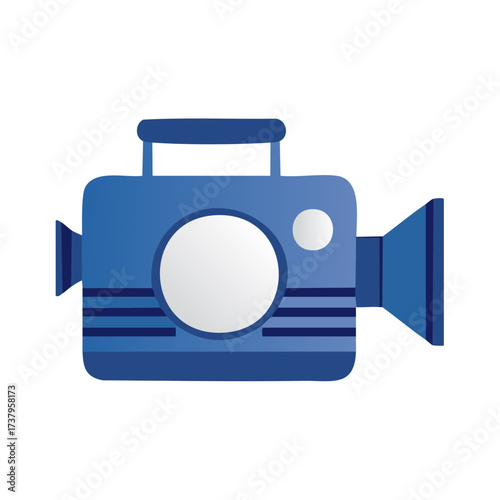 Retro blue movie camera with wide lens and handle, stylized illustration