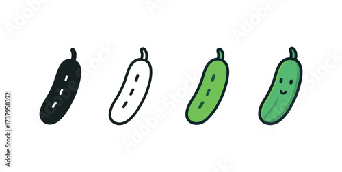 Vector icon cucumber four styles black solid glyph outline minimal flat multicolor filled cartoon flat shaded.