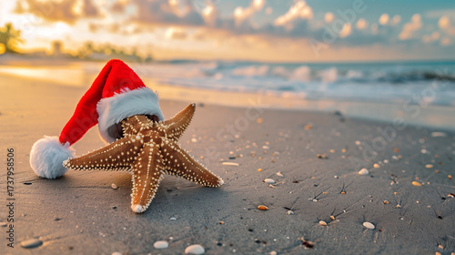 A cheerful starfish wearing a Santa's hat, resting on the sandy beach, surrounded by gentle waves and a festive, holiday atmosphere.