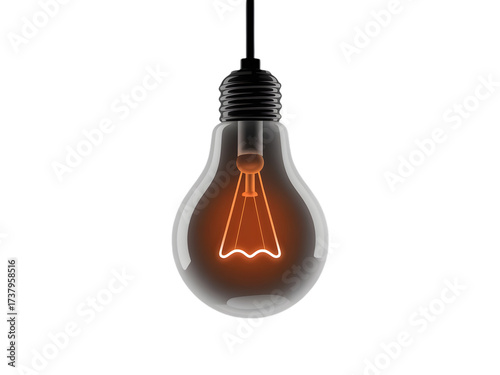 Illuminated classic light bulb with a glowing tungsten filament hanging from a black wire isolated on transparent background.