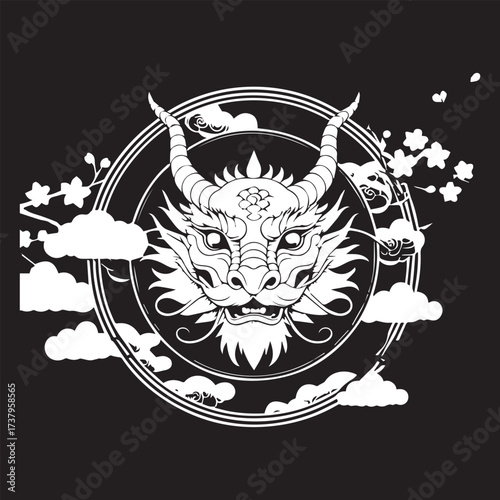 Illustration of a head of a DRAGON Is white on black background and enclosed in a circle with appropriate Asian elements 