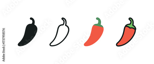 Vector icon chili pepper four styles black solid glyph outline minimal flat multicolor filled cartoon flat shaded.