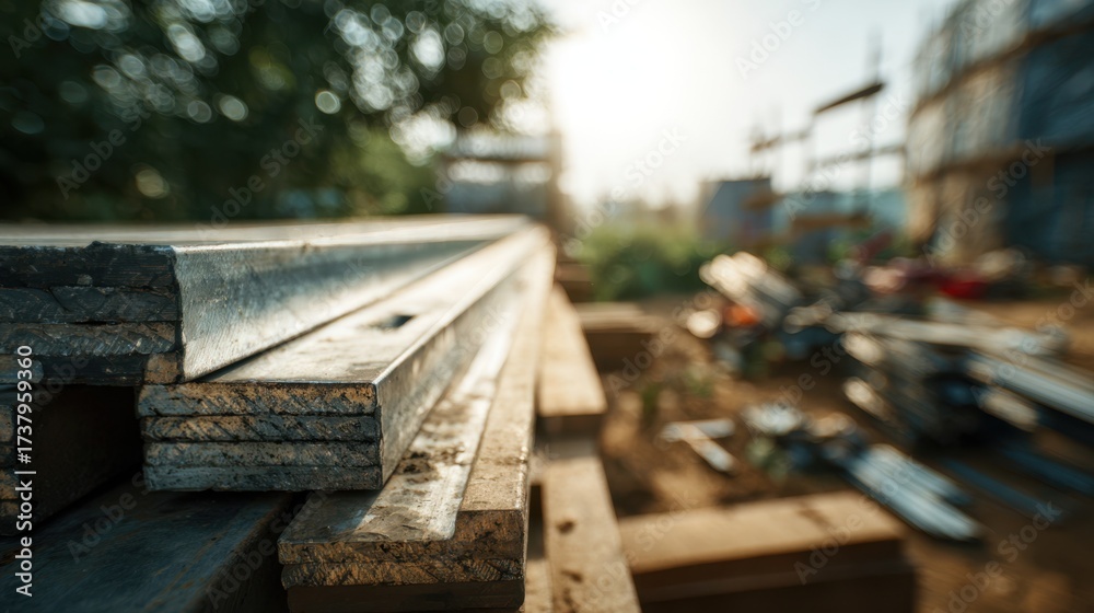 Obraz premium Focused frame on a stack of recycled metal beams at a green building site with outoffocus tools and ecoconscious construction activity.