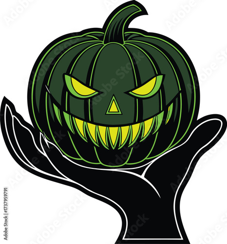 Vector art of scary green jack o lantern with evil face held in a black hand