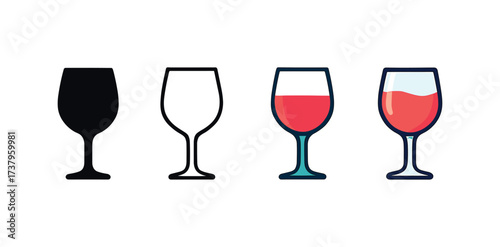 Vector icon wine glass four styles black solid glyph outline minimal flat multicolor filled cartoon flat shaded.
