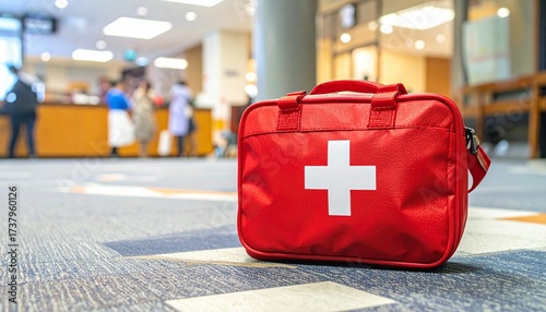 A red first aid kit placed on a carpeted floor in a public space.