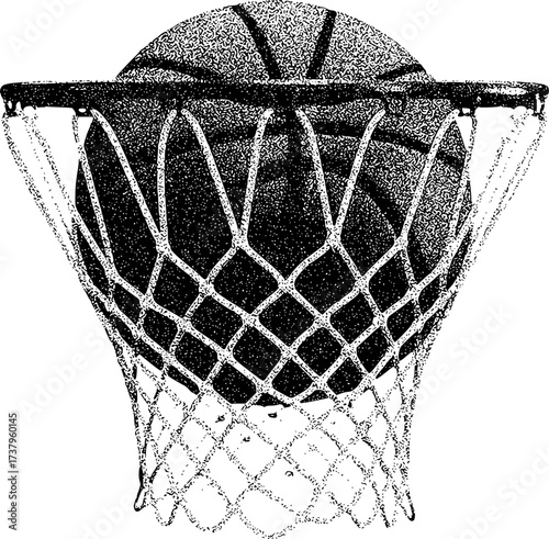 A classic basketball is captured in the net of a hoop, symbolizing a score