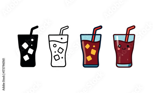 Vector icon glass soda four styles black solid glyph outline minimal flat multicolor filled cartoon flat shaded.