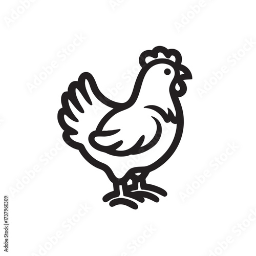 Bold, black-lined icon of a cartoon-style chicken on a white field.