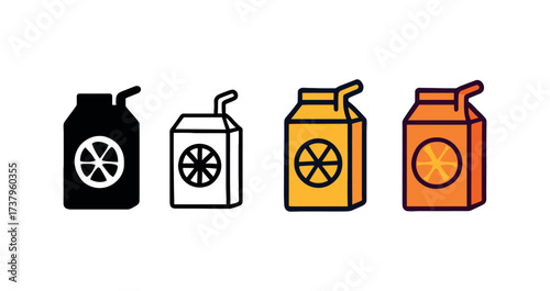 Vector icon orange juice carton four styles black solid glyph outline minimal flat multicolor filled cartoon flat shaded.