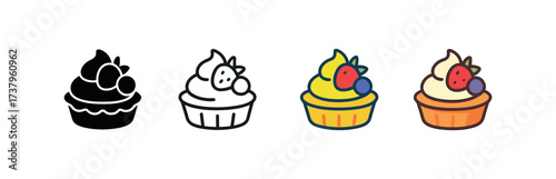 Vector icon fruit tart four styles black solid glyph outline minimal flat multicolor filled cartoon flat shaded.