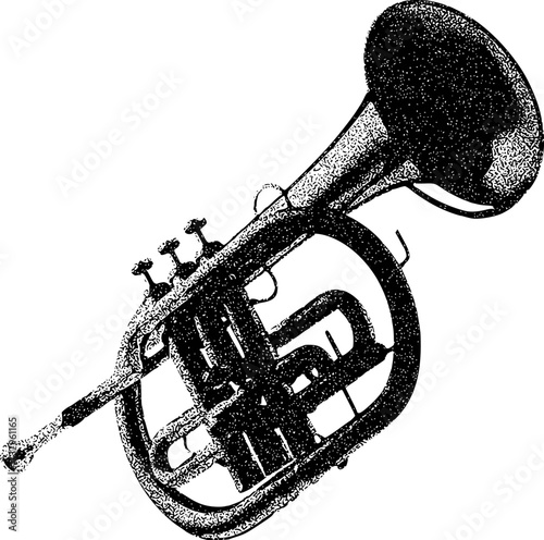 Black and white illustration of a brass horn with valves and bell