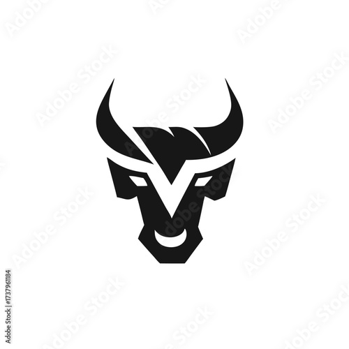 Black bull head logo graphic with curved horns and sharp angles vector illustration