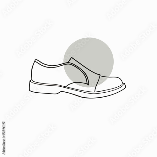Outline of a single oxford shoe with gray circle accent vector illustration footwear