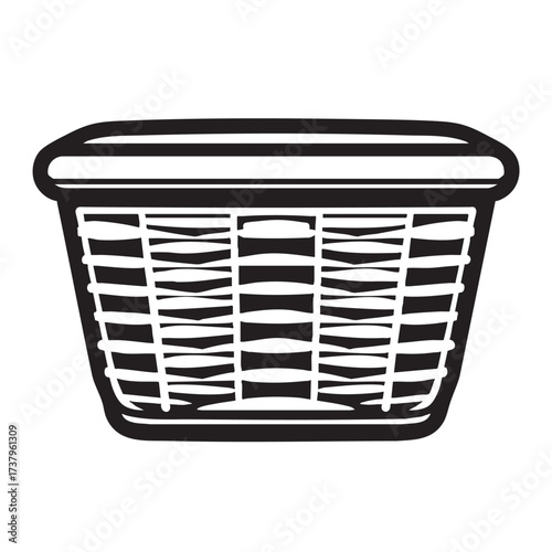 Black and white line drawing of a wicker storage basket.