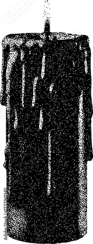 Black and White Illustration of a Dripping Candle with a Lit Wick
