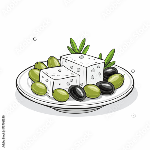 A white plate with two blocks of feta cheese, surrounded by green and black olives and garnished with rosemary sprigs.