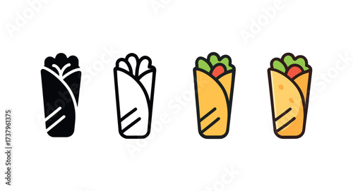 Vector icon shawarma wrap four styles black solid glyph outline minimal flat multicolor filled cartoon flat shaded.