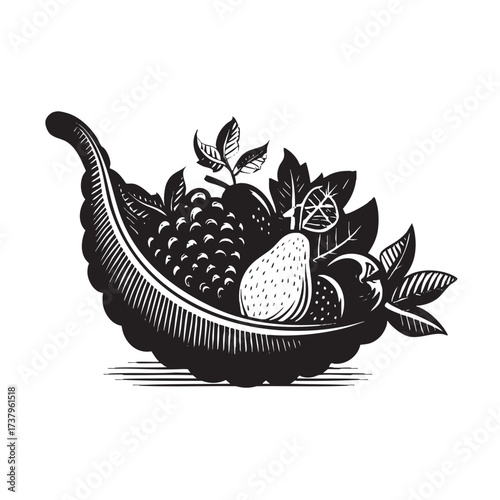  Cornucopia filled with fruit, grapes, and leaves.