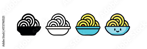 Vector icon spaghetti plate four styles black solid glyph outline minimal flat multicolor filled cartoon flat shaded.