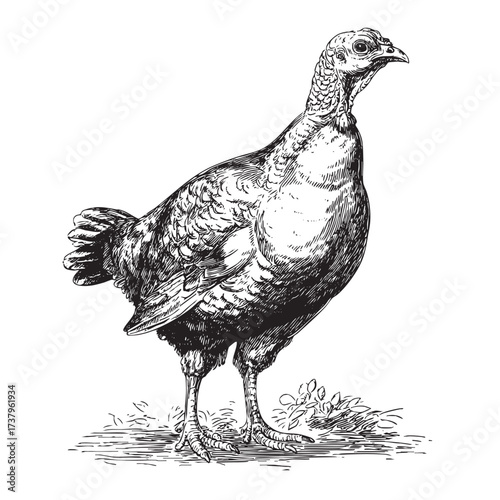 Engraved young turkey standing on a patch of grass.