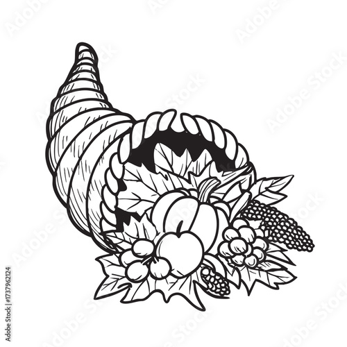 Horn of plenty sketch filled with fall harvest bounty.