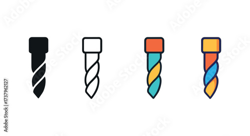 Vector icon drill bit four styles black solid glyph outline minimal flat multicolor filled cartoon flat shaded.