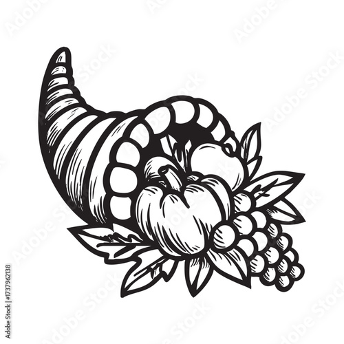 Cornucopia sketch filled with squash, grapes, and leaves.