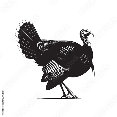 Bold black silhouette of a turkey with some line work.