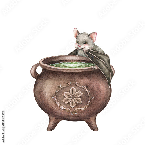 Сute smiling bat sitting on vintage witch's cauldron with green potion. Hand drawn watercolor illustration isolated on white. Kids print for Halloween decor, magic design, postcard, poster, sticker.