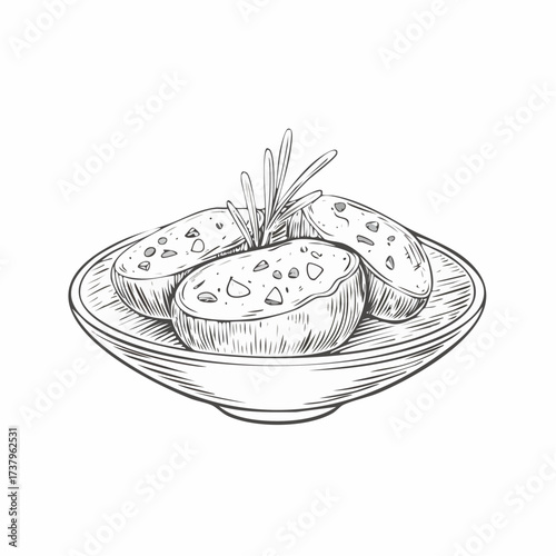 A sketch of three baked potato halves topped with herbs and served on a plate.