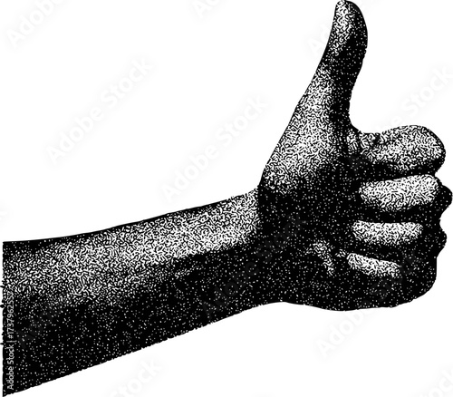 Black and white stippled illustration of a hand giving a thumbs up