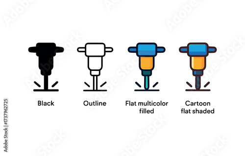 Vector icon jackhammer four styles black solid glyph outline minimal flat multicolor filled cartoon flat shaded.