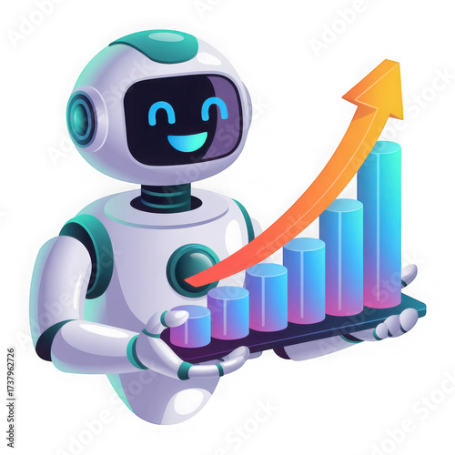 A cute AI robot character performing various business and finance activities, GPT chatbot icon. Artificial intelligence, trendy technology, support service, funny automation computer