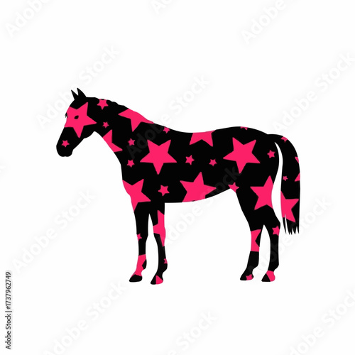 "Silhouette Horse Illustration with Pink Star Pattern on Black Background"