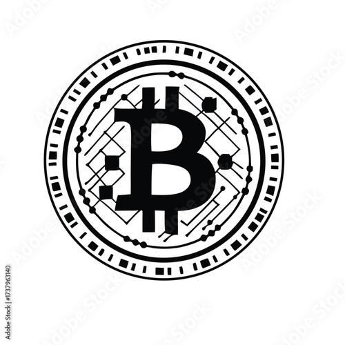 Black bitcoin symbol with circuit board pattern on white background vector illustration