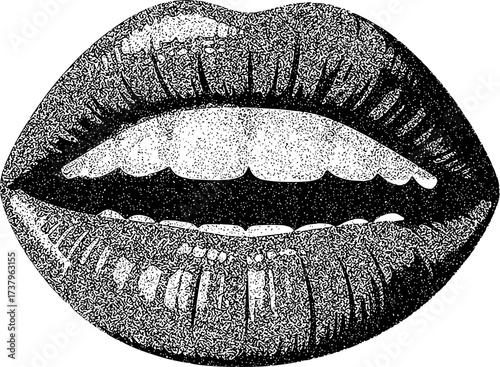 Black and White Stippled Illustration of Open Mouth with Visible Teeth and Lips