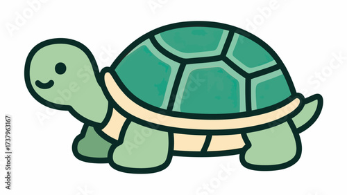 A simple and cute doodle-style illustration of a green turtle, a charming and timeless icon of longevity, wisdom, and the slow and steady pace of nature.
