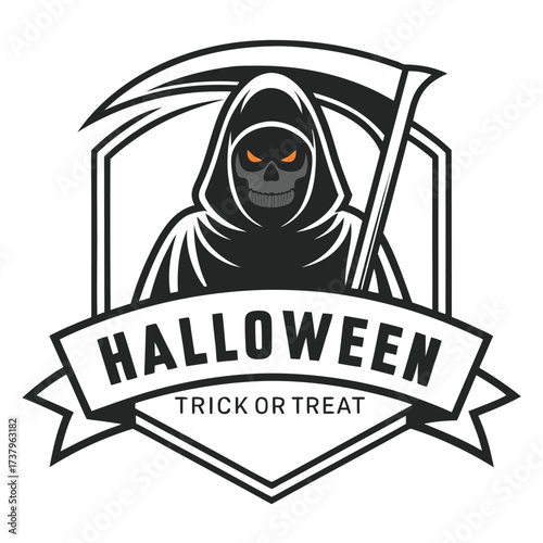 Vector art of halloween grim reaper with scythe and text trick or treat
