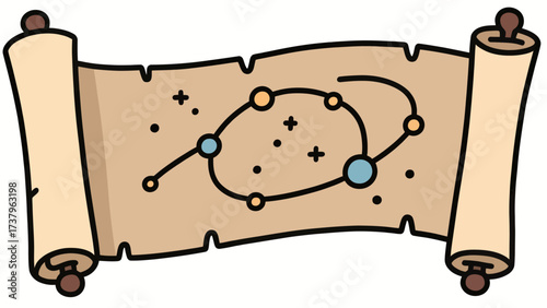 A simple and charming doodle-style illustration of a constellation map on an old parchment, a classic icon for astronomy, navigation, and mystical adventure.
