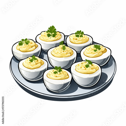 An appetizing platter of nine classic deviled eggs, each filled with a creamy yolk mixture and garnished with a sprig of fresh parsley.