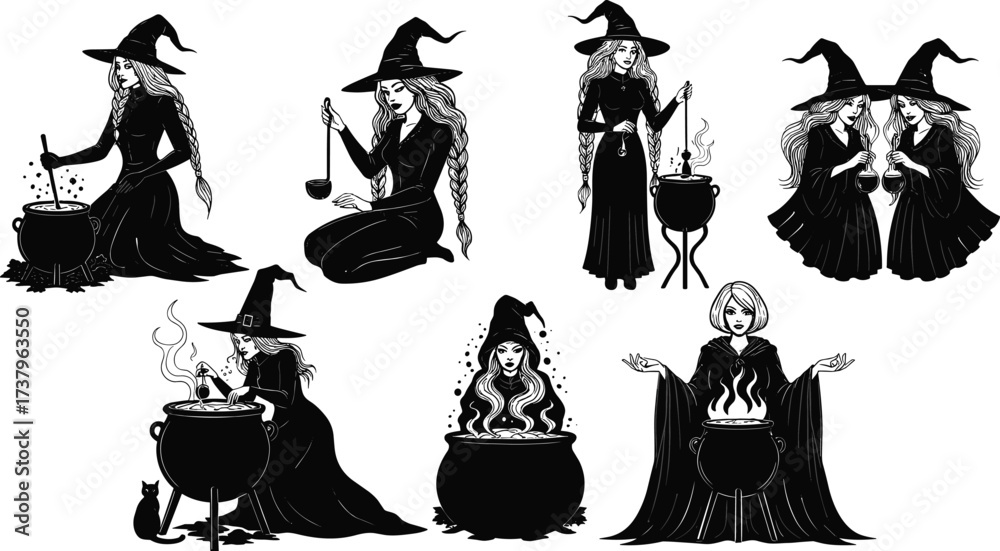 Naklejka premium Witches brewing potions in cauldrons with magical spells, black cat, and mystical fire Halloween fantasy vector illustration silhouette design.