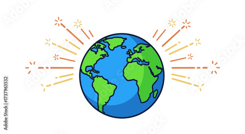 Cartoon globe with radiating light representing global interconnectedness and vibrancy