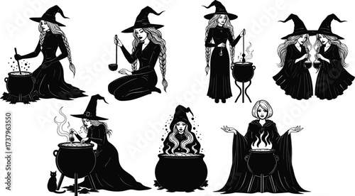 Witches brewing potions in cauldrons with magical spells, black cat, and mystical fire Halloween fantasy vector illustration silhouette design.