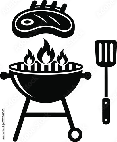 Iconic barbecue grill with ribs and spatula