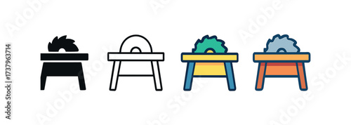Vector icon table saw four styles black solid glyph outline minimal flat multicolor filled cartoon flat shaded.