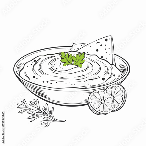 Detailed line drawing of a bowl of creamy dip with a tortilla chip, garnished with parsley, accompanied by lemon slices and rosemary.